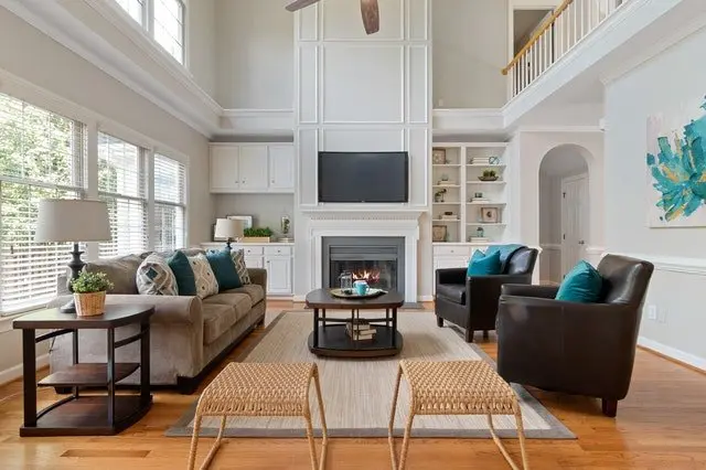 living room with blue accents
