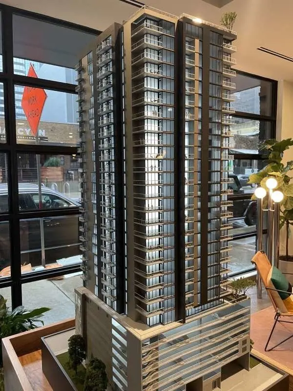 Model of a skyscraper located in Downtown Austin's Rainey Street District